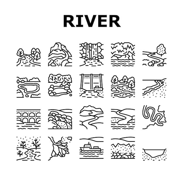 Rivier en meer Natuur Landschap Iconen Stel Vector