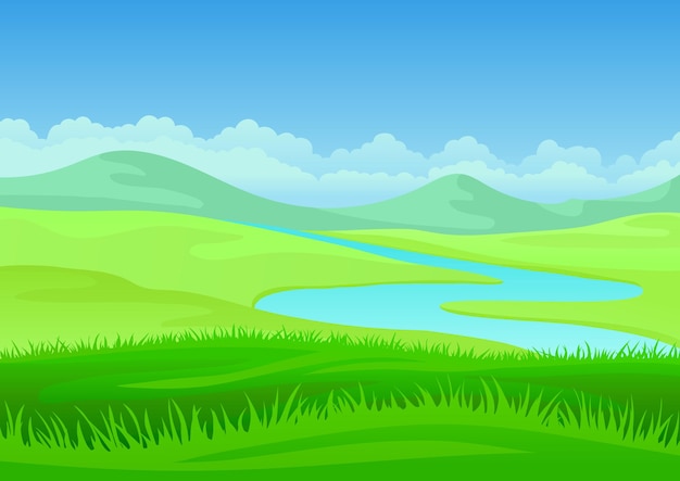 Rivier kronkelt in een heuvelachtige groene weide. Vectorillustratie op witte achtergrond