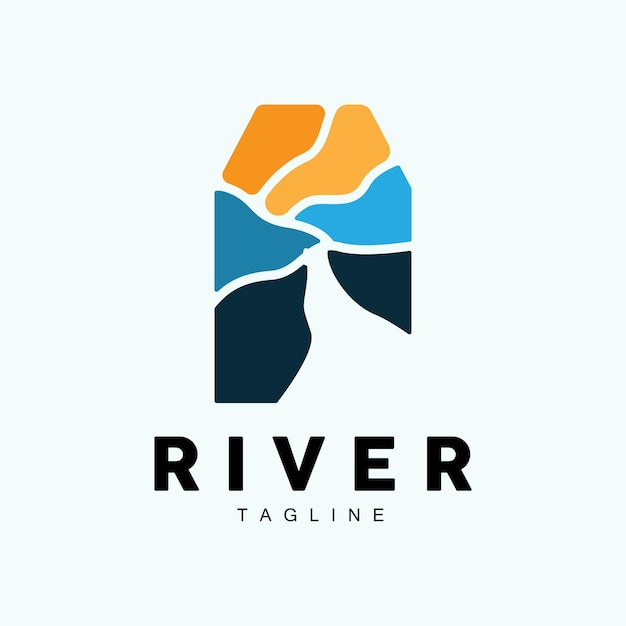 Rivier Logo Streamer Vector Rivieroever Bergen En Boerderij Ontwerp Illustratie Symbool Pictogram