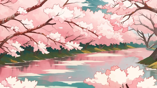 Rivier of waterweg omringd door sakura bomen kersenbloesems met de hand getekend schilderij illustratie