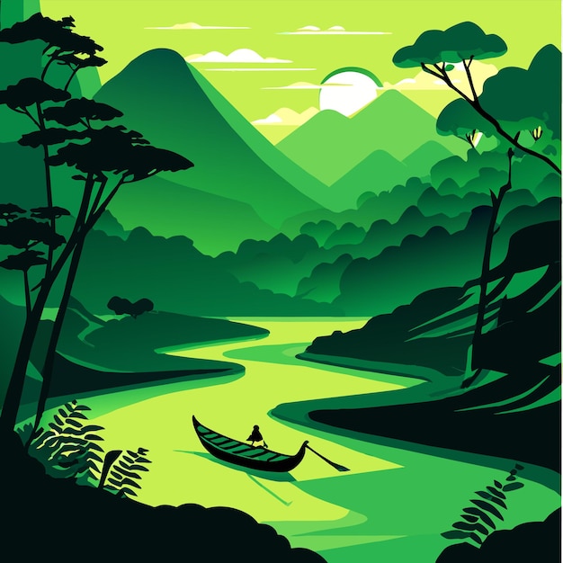 Vector rivier reis ochtend schilderachtige aziatische groene vector illustratie