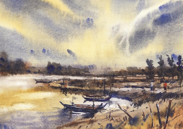 rivierboot en prachtige lucht 's avonds door aquarel