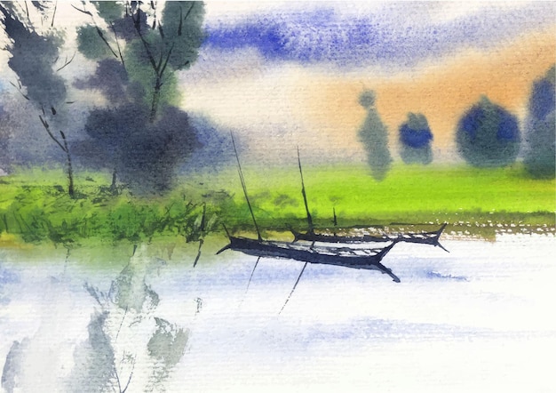 Rivierlandschap kunst achtergrond met aquarel