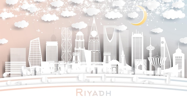 Vector riyadh saudi arabia city skyline in paper cut style with white buildings moon and neon garland