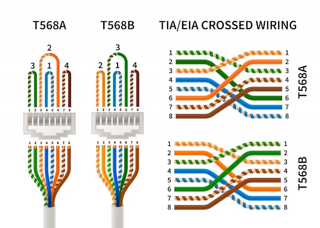 Vector rj45 crossover pin assignment infographic on white