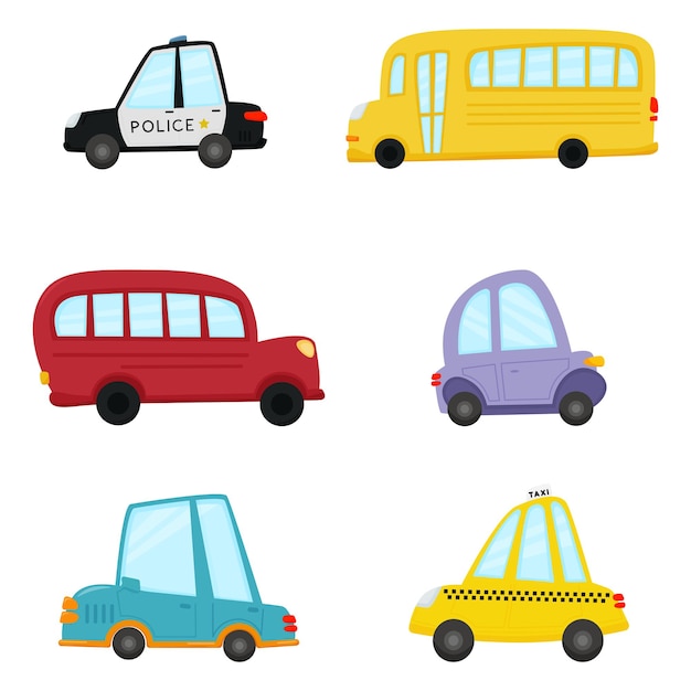 Road alphabet and road numbers Set of children s cars in a cartoon style Funny transport