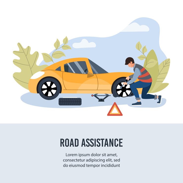 Vector road assistance. mechanic changing wheel on a roadside banner