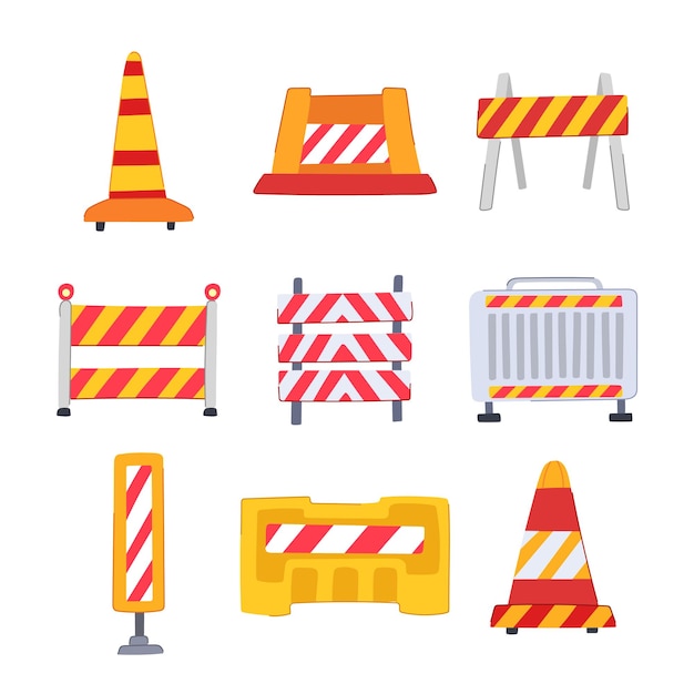 Vector road barrier set cartoon construction work safety sign fence block road barrier sign isolated symbol vector illustration