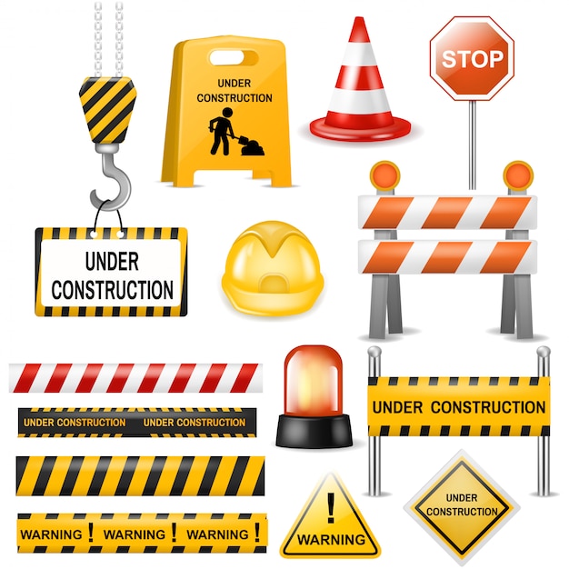 道路障壁通りの交通障壁の警告とバリケードブロック高速道路のイラストセットの封鎖迂回と白い背景で隔離の現実的なブロックされた道路工事障壁