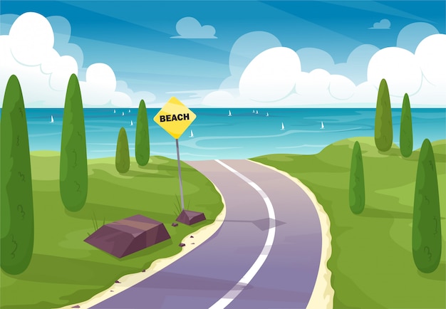 Road to the beach. beautiful road on the natural landscape to
the beach with a pointer, sign.