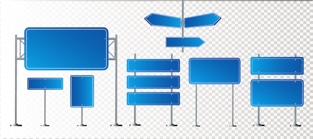 도 파란 교통 표지판을 설정합니다. 텍스트에 대 한 장소를 가진 빈 보드입니다. . 격리 된 정보 표시입니다. 방향. 삽화