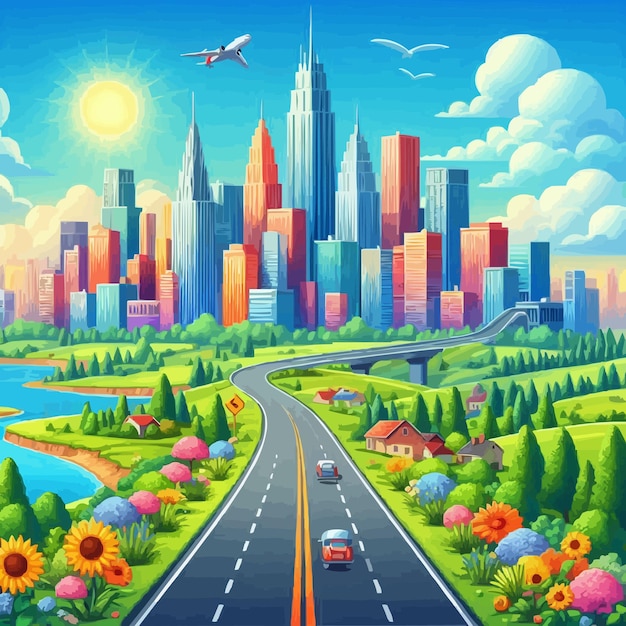 Road to city with colorful skyscrapers and beautiful summer landscape vector illustration