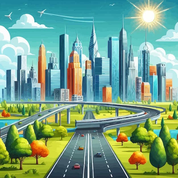 Road to city with colorful skyscrapers and beautiful summer landscape vector illustration