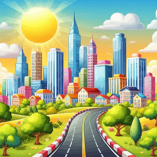 Vector road to city with colorful skyscrapers and beautiful summer landscape vector illustration