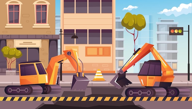 Vector road city works asphalt replacement excavate industry digger machine concept graphic design