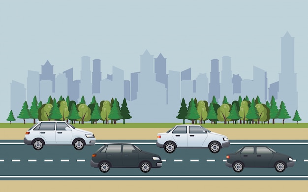 Vector road cityscape scene with vehicles illustration