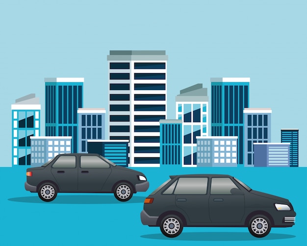 Vector road cityscape scene with vehicles