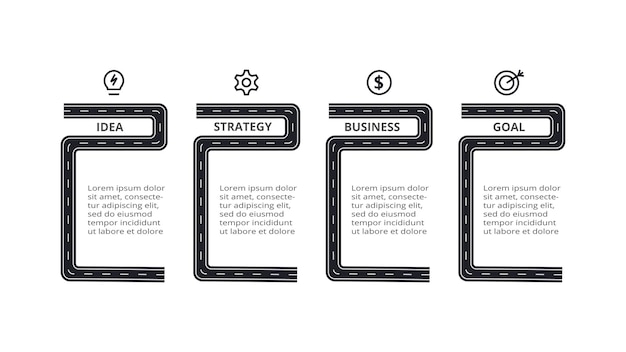 Vettore concetto di strada per infografica con 4 passaggi opzioni parti o processi visualizzazione dei dati aziendali