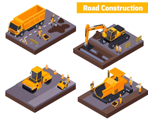 Set di icone isometriche per la costruzione di strade