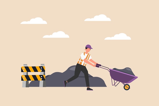 Road construction worker carrying trolley the sand truck Road and building construction concept Flat vector illustration isolated