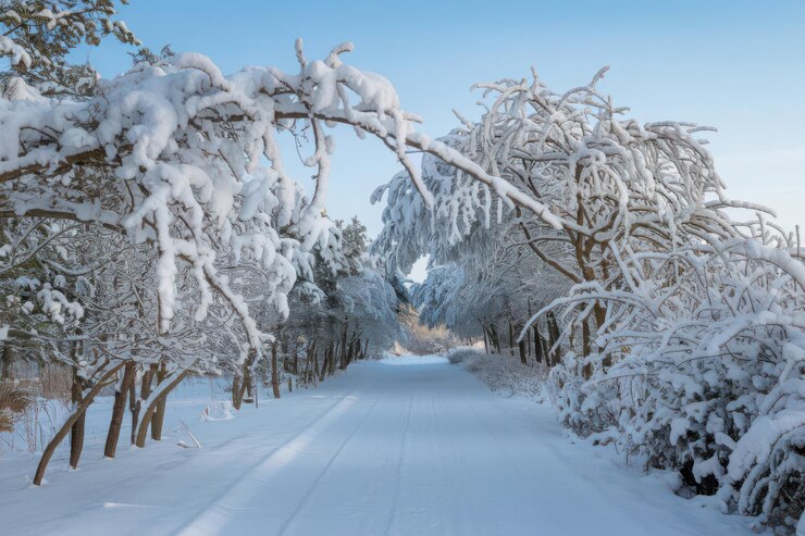 Vector a road covered in snow with a tree in the foreground