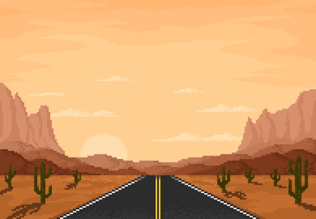 Vector road in the desert 8bit pixel game landscape