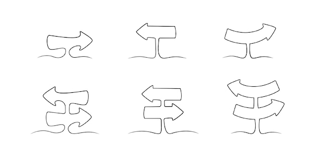 Collezione di segni di frecce di direzione stradale. set di frecce di disegno a linea continua. frecce di una linea d'arte. grafica vettoriale. eps 10