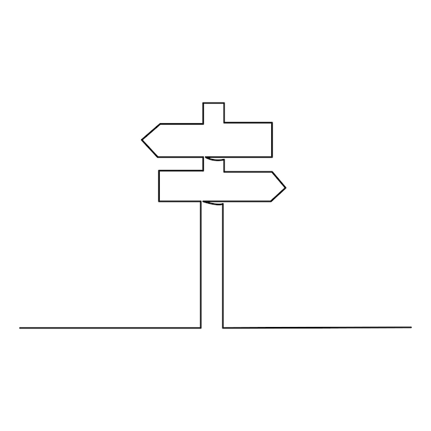 Road direction signboard continuous single line art drawing isolated outline vector illustration