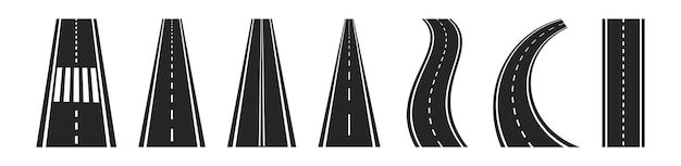 흰색 배경이 있는 도로 고속도로 관점에서 수평선으로 가는 도로 벤딩 도로 고속도로 또는 도로 컬렉션 세트