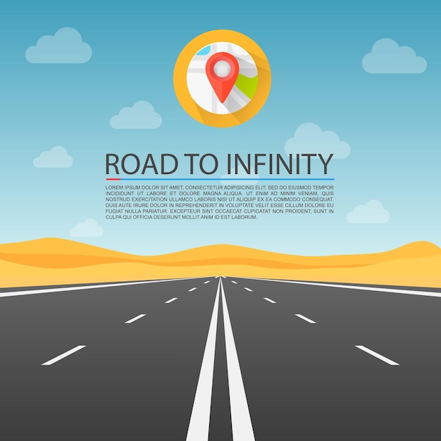 Vettore strada per l'autostrada infinita, strada nel deserto, illustrazione vettoriale, sfondo stradale.