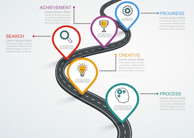 Vector road infographic with pointers, timeline with business icons.