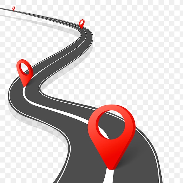 Road infographics. winding road to success with pin pointers. business journey way.