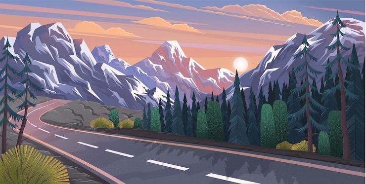 Vector road leading to mountains natural landscape  