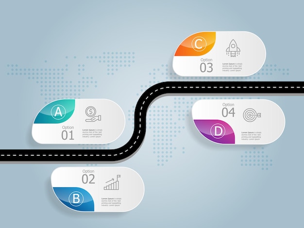 Road map timeline infographics elements report presentation with business icons 4 steps vector illustration background