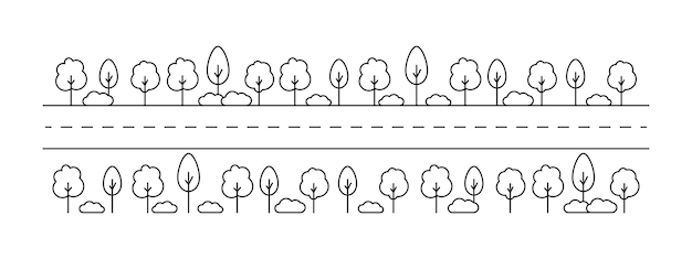 Mappa stradale con alberi paesaggio line art disegno via dritta nella foresta vettore di viaggio in auto