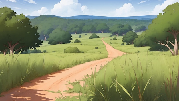 Vector a road in the middle of african savanna grassland hand drawn painting illustration