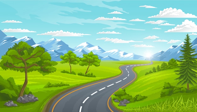 Road and Mountains, Landscape in Summer  