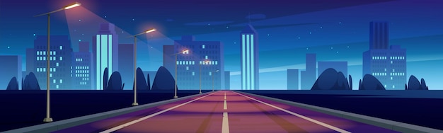 Road to night city empty highway with glowing street lamps and skyline with urban architecture Megalopolis infrastructure with modern skyscrapers under dark starry sky Cartoon vector illustration