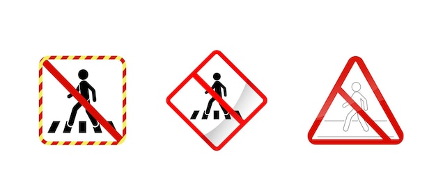 Road no crossing safety red and yellow warning signs icon Vector pedestrian road crossing sign