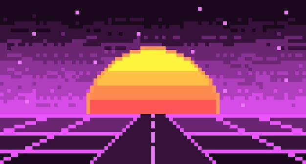 Paesaggio pixelato stradale con sfondo synthwave sole e stelle autostrada al neon 8 bit griglia viola vuota anni '80 con luminare a strisce cyberpunk bagliore elettronico viola in stile vettoriale anni '90