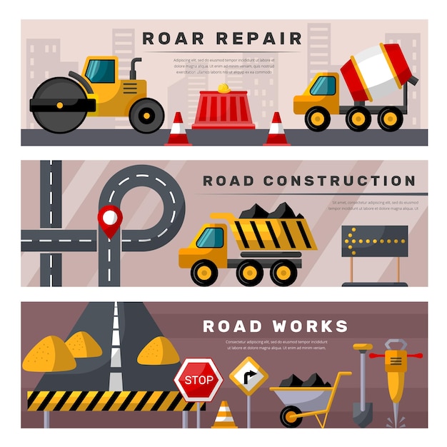 Vector road repair banners construction street road repair tools recent vector horizontal colored banners templates with place for text illustration of repair road street construction equipment