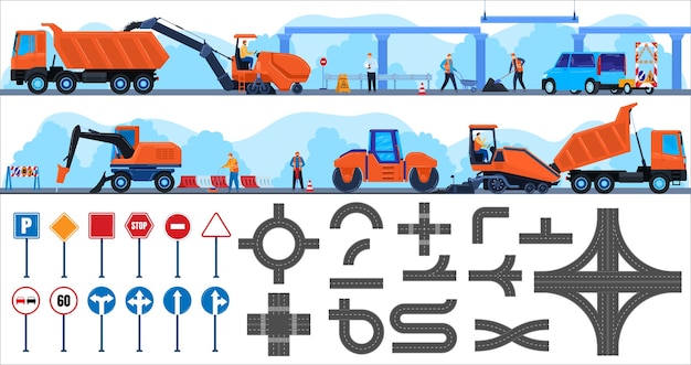 도로 수리 건설 벡터 일러스트 레이 션 수리공 문자 건설 장비 트럭, 콘크리트 아스팔트 고속도로 건물 사람들