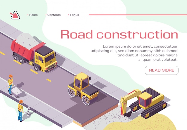 Vector road repair and construction with heavy machines and working people