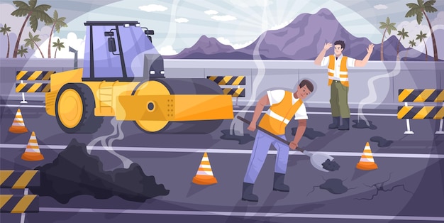 Vector road repair flat composition with two workers repairing a hole in the asphalt