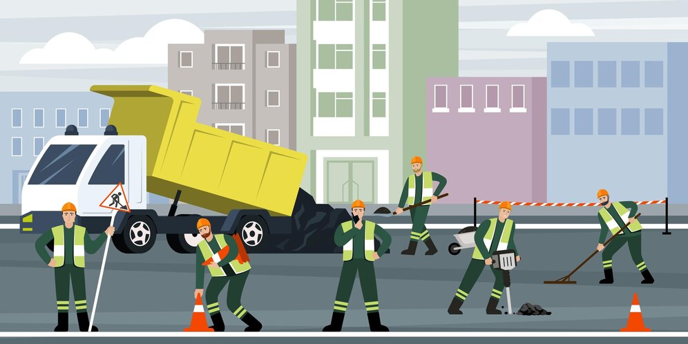  Road repair urban landscape with workers and technic truck highway repair and using safety cones ve