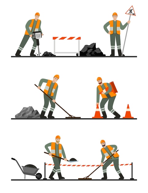 Road repair urban professional workers making highway barricade with safety cone Vector pictures in cartoon style