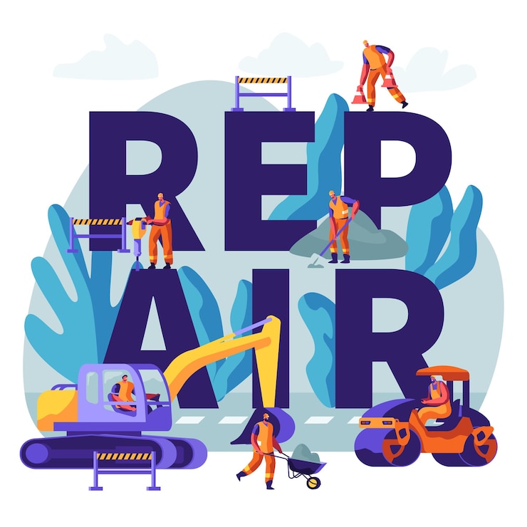 Vector road repair with construction machines and working people concept. excavator and rolling heavy vehicles making asphalt maintenance. poster, flyer, brochure. cartoon flat vector illustration