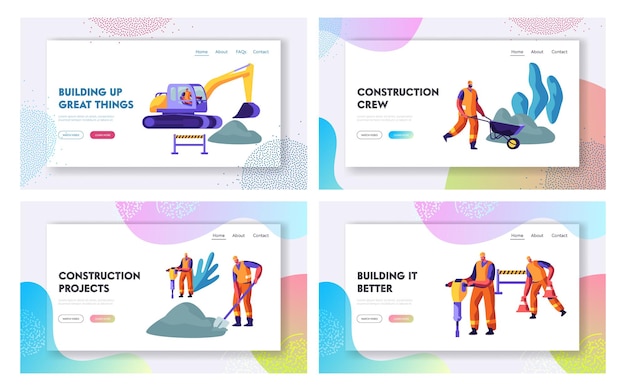 Road repair with excavator, rolling heavy vehicle and working people website landing page templates set