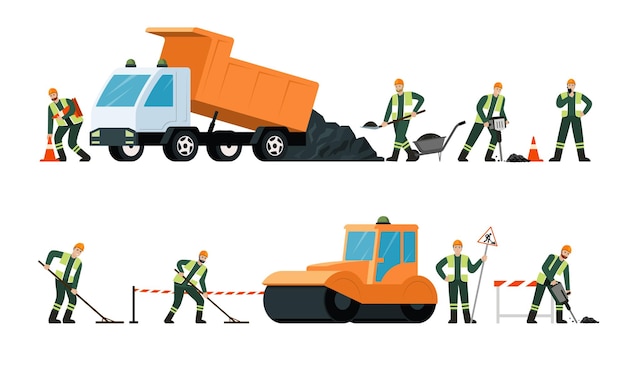 Road repair workers highway professional workers making safety barricade Vector illustration isolated