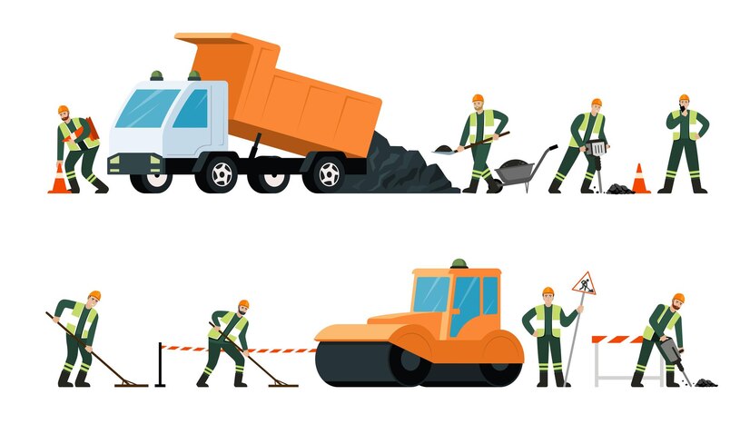  Road repair workers highway professional workers making safety barricade vector illustration isolat